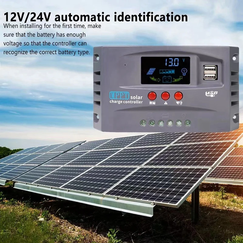 Controlador de carga Solar MPPT de 12V y 24V, pantalla inteligente, protección de controlador estabilizador de voltaje USB Dual, oferta
