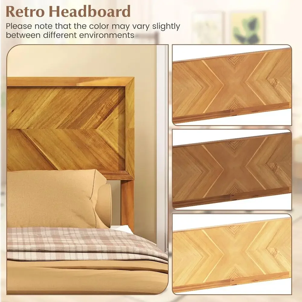 Acacia Wood Twin Platform Bed Frame with Headboard for Kids, 12 Slat Support, Space-Saving Design, No Box Spring Needed, Rustic