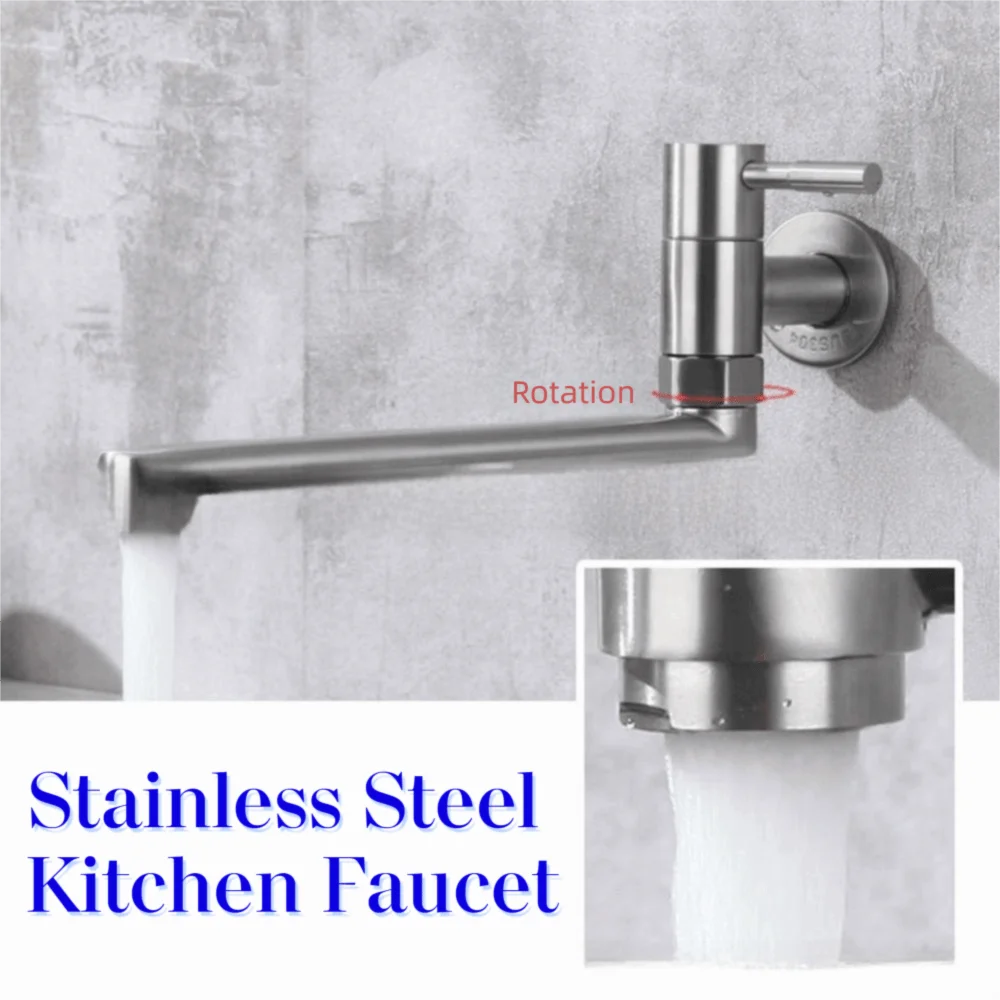 

180° Rotation Wall Mount Sink Tap Lengthened Outlet Rustproof Kitchen Faucet Non-slip Handle Easy Installation