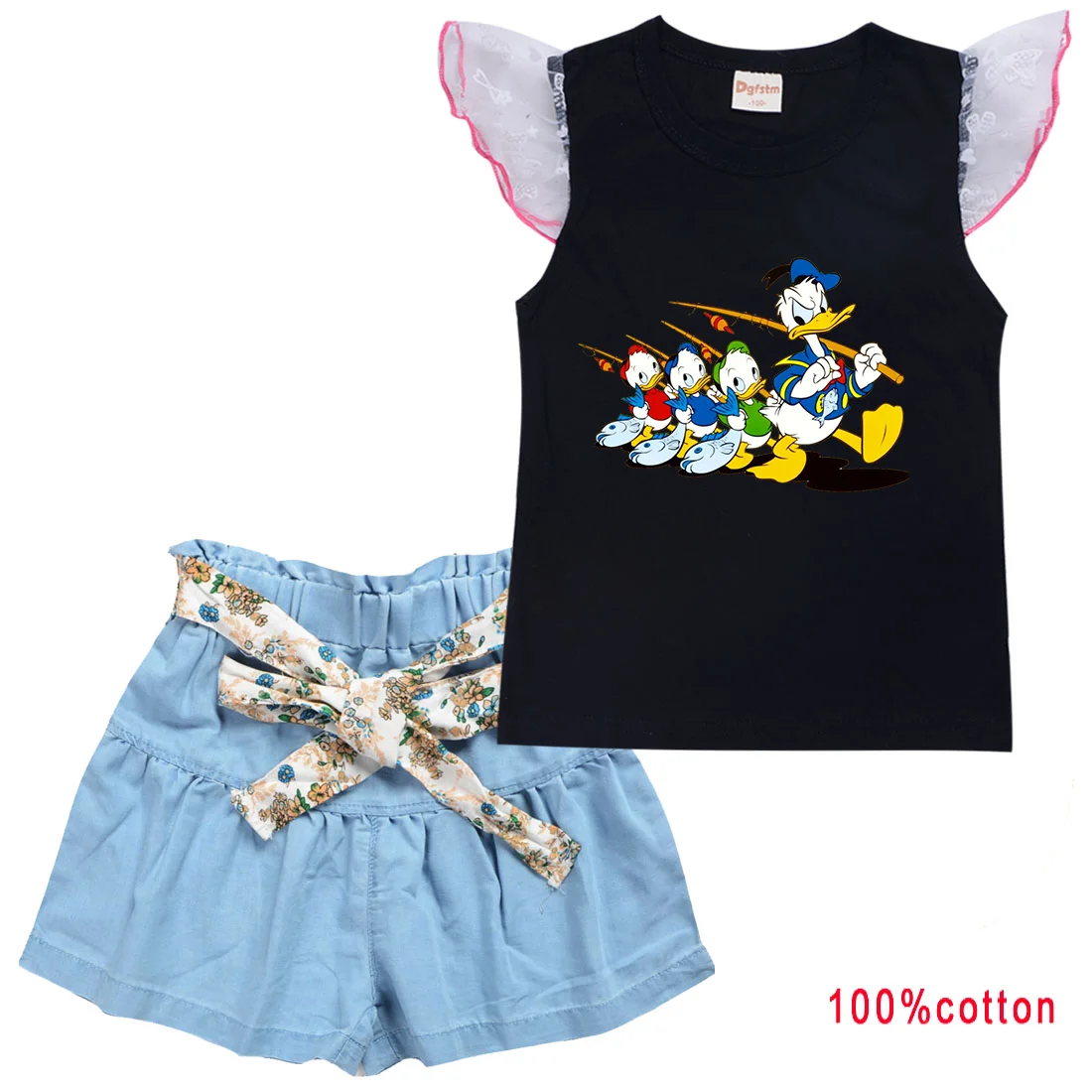 Fashion Disney Cartoon Donald Duck Daisy Girls Clothing Outfits Summer T-shirt Shorts 2pc/Sets Clothes Casual Sports Tracksuits