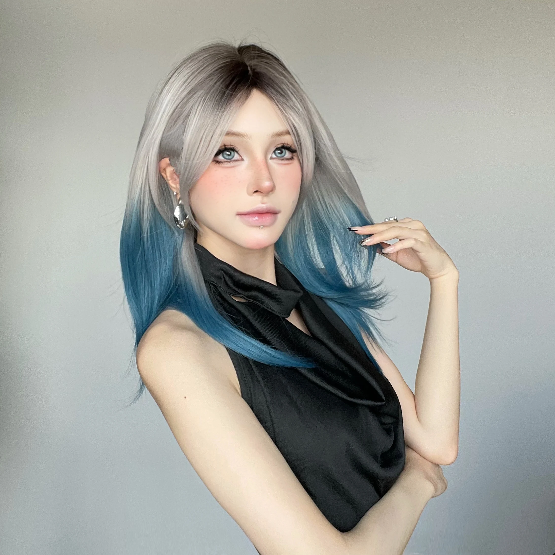Allbell Magique Ombre Gray Blue Colorful Wigs For Women Lolita Cosplay Medium Length Straight Layered Synthetic Wigs With Bangs - Image 3