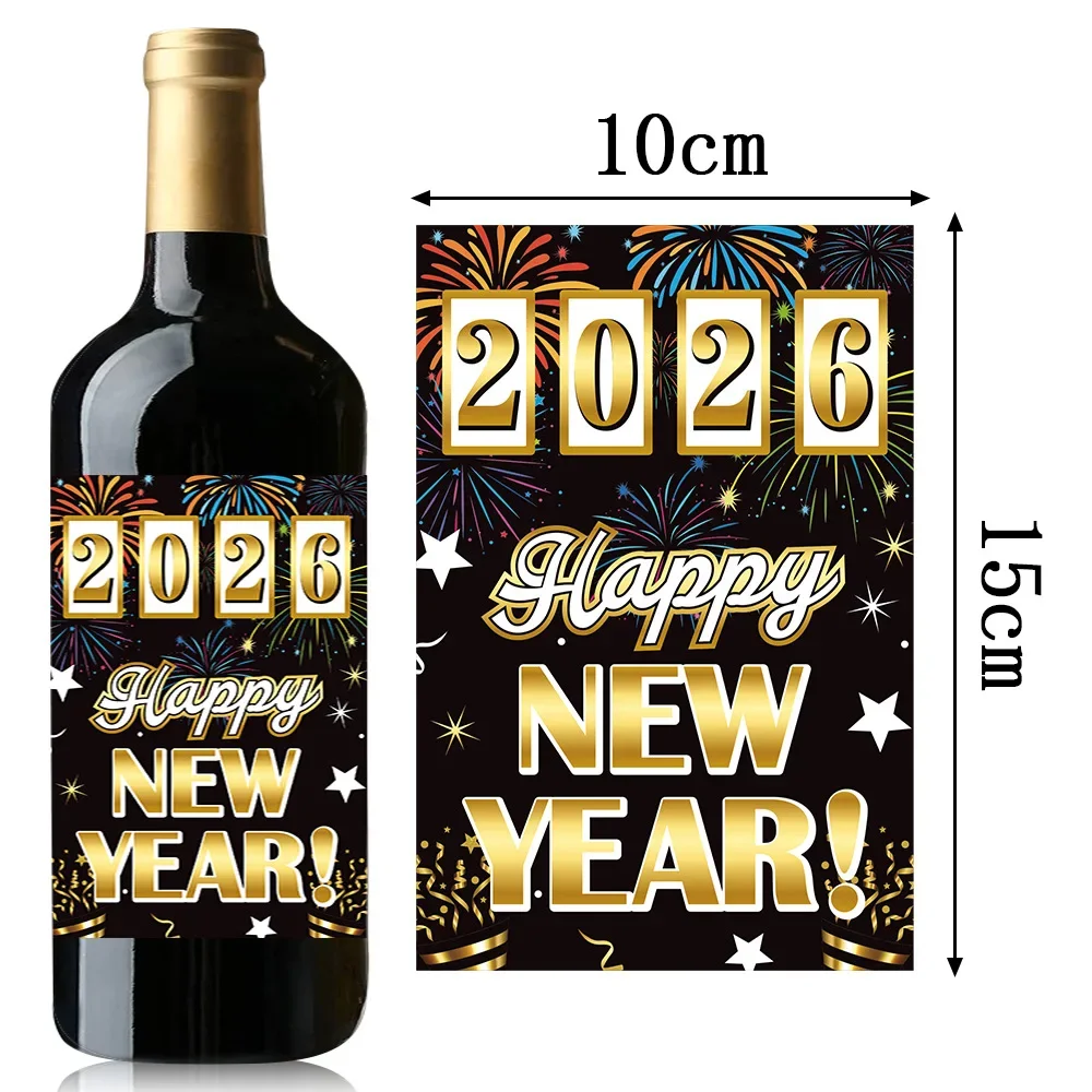 

2026 New Year Eve Party Black And Gold Wine Bottle Label Stickers Happy New Year Beer Bottle Decals for New Year Decorations