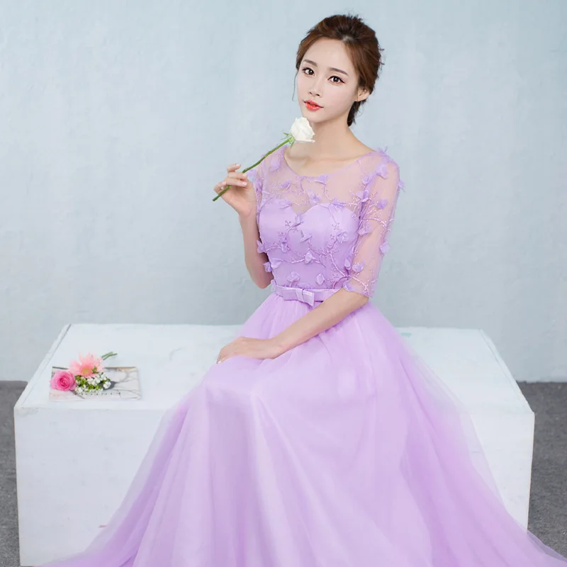 Reject Return 2024 Purple Lilac Bridemsiad Dress With Sleeves Princess Appliques Lace Up Performance Party Prom Dress