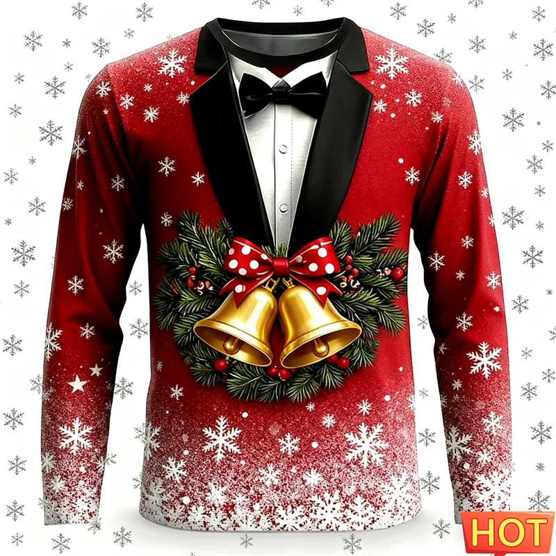 Realistic Red Suit Pattern Christmas T Shirt For Men Funny Holiday Wear 3D Printed Long Sleeve T-shirts Casual Oversized Tees