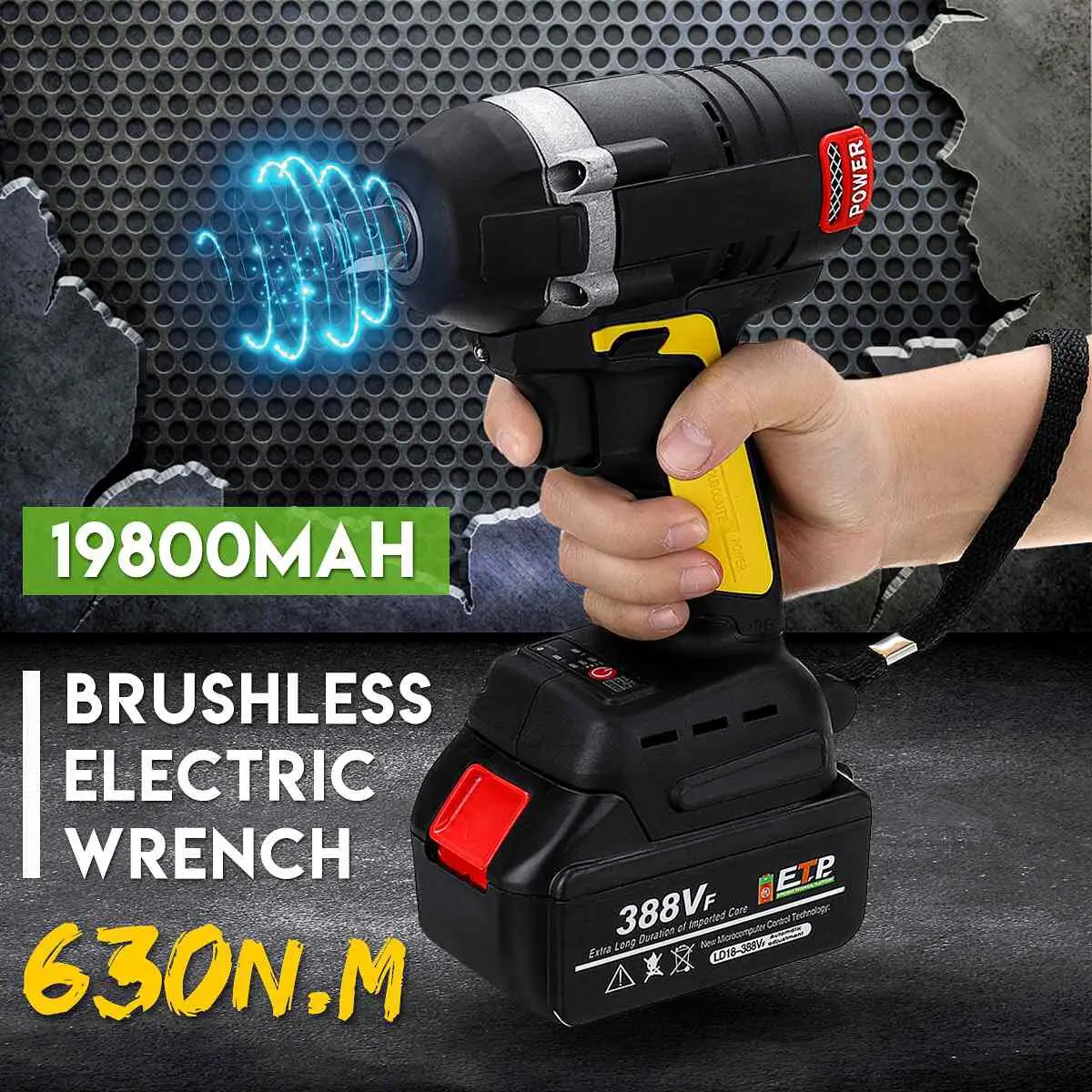 

388VF 630N.m Cordless Brushless Electric Wrench Rechargeable Li Battery Electric Wrench LED light Socket Wrench Power Tools