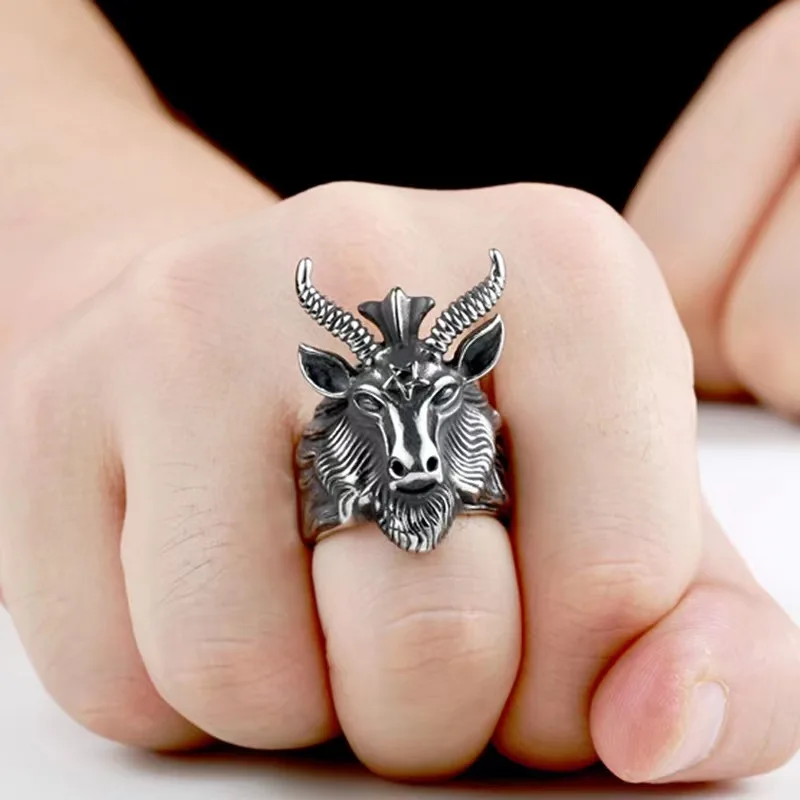 Punk twarz czaszki Cosplay męski pierścionek głowa owcy satan Anubis opiekun regulowany pierścionek biżuteria akcesoria Anillos Goticos