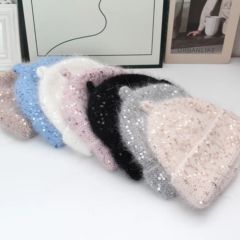 Winter Sequined Rabbit Hair Knitted Hat For Women Soft And Sticky With Folded Edges Cold Hat For Slimming Woolen Women Hat