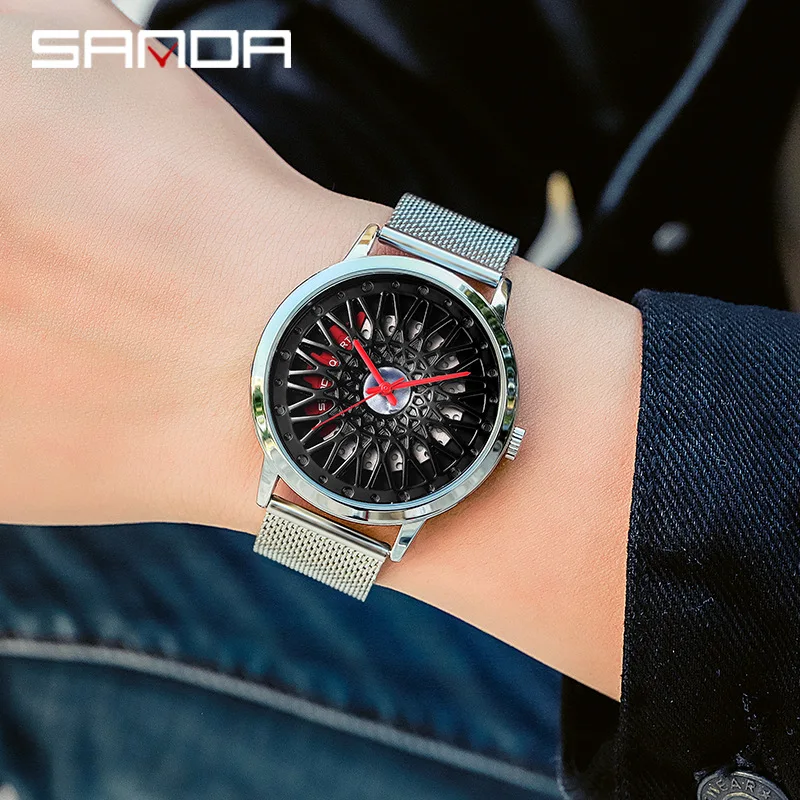 Sanda-ساعة يد تناظرية للرجال ، عجلة سيارة 1060 ، تصميم مجوف ، قرص منحوت ، حزام مضاد للمياه ، حركة كوارتز اختيارية ، موضة