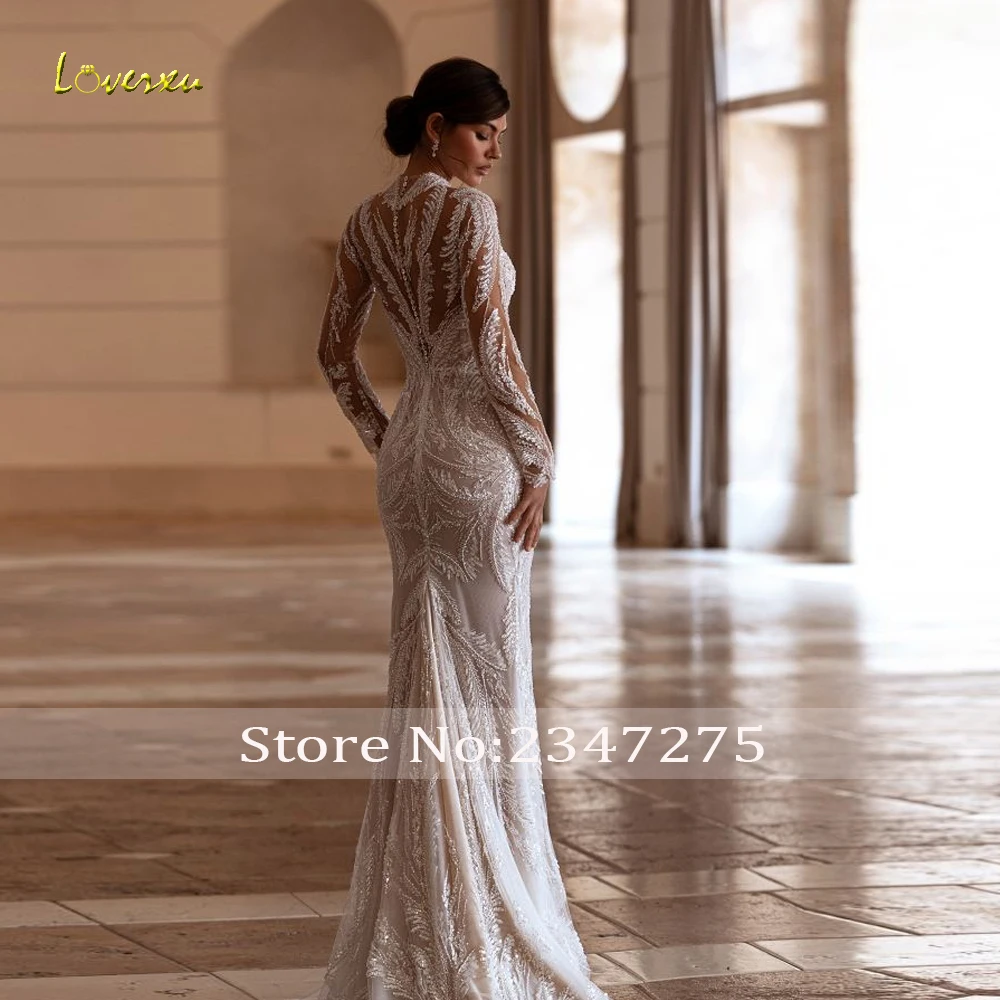 Loverxu sereia vestidos de casamento alta pescoço manga longa vestido de novia renda bordado trem destacável feito sob encomenda vestido de noiva