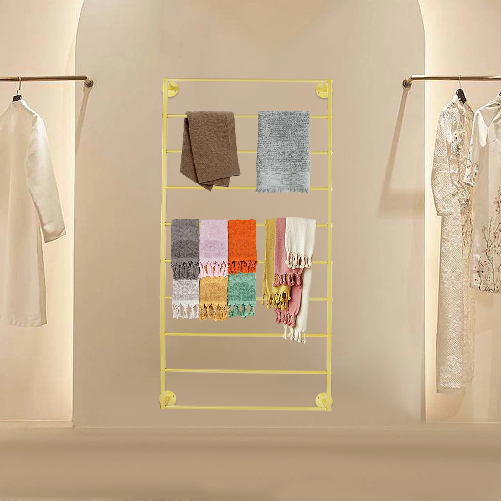 

Premium Wall Mounted Rectangle Scarf & Towel Organizer Rack,10-Tier Modern Gold Iron Display Shelf for Retail Store & Home Decor
