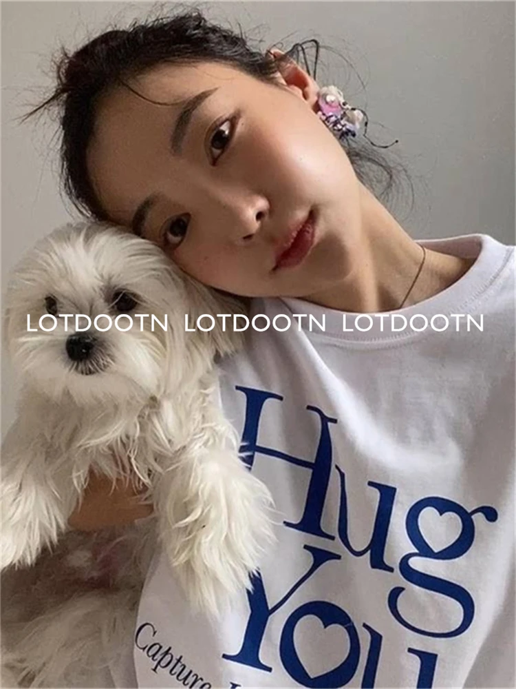 LOTDOOTN 100% Cotton Couple T-Shirts Hug You Letter Prints Tops Unisex Casual Short Sleeve Tees Comfortable Loose Street Clothes