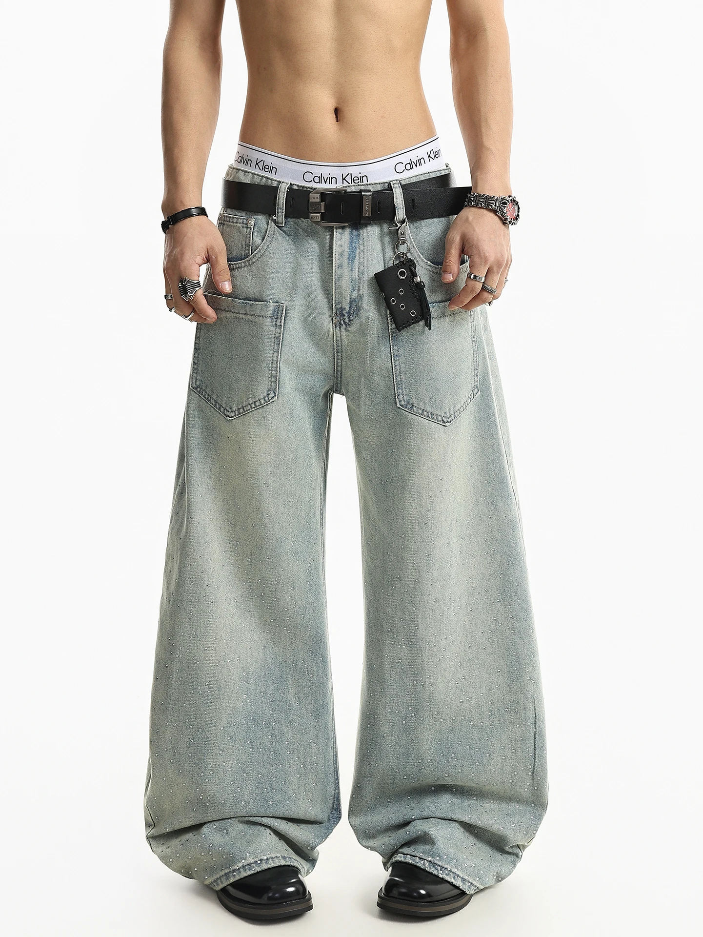 

Washed Denim Jeans Men's Summer Loose Straight Leg Knife Diamond Studded High Street Style American Brand Casual Jeans
