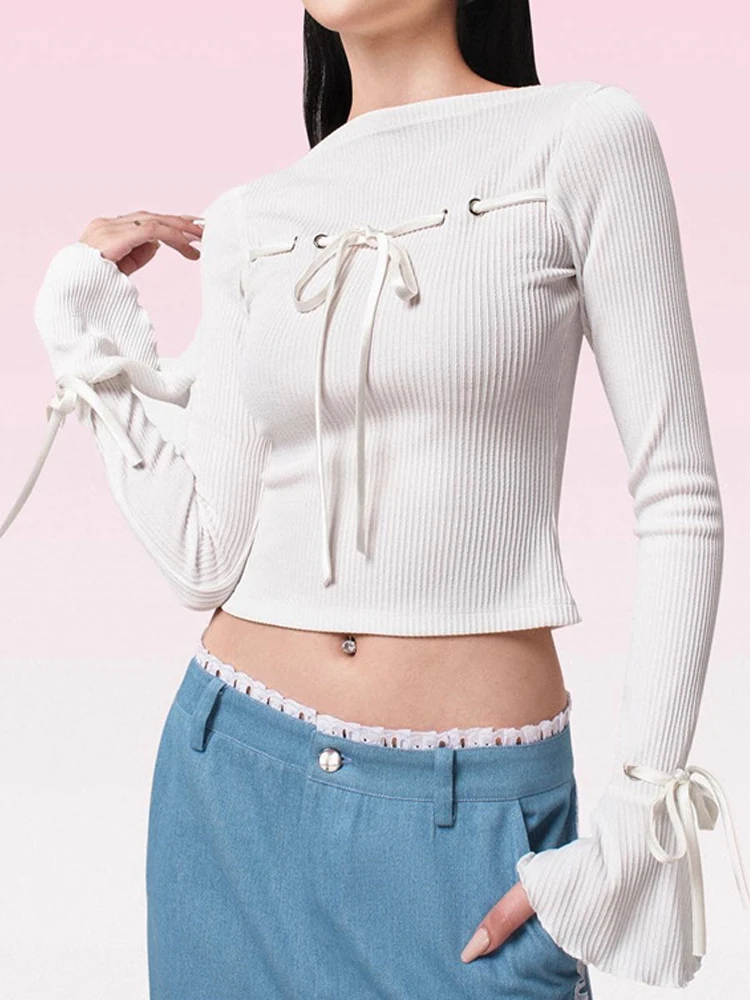 

Женские футболки Y2K, милые укороченные топы с бантом, модная женская футболка с длинным рукавом для девушек, винтажная шикарная обтягивающая футболка со сказочным сердечком