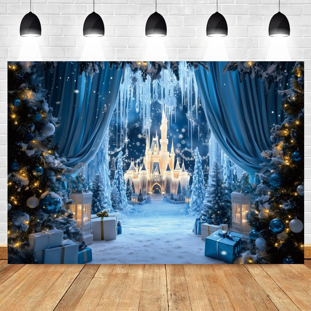 Blue Winter Snow Ice Castle Backdrop Christmas Tree Gifts Pine Tree Kids Portrait Photography Background Decor Photostudio Props