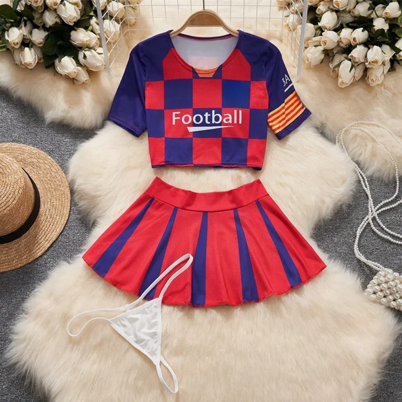 

Football Basketball Baby 2-Pieces Suit Cosplay Cheerleading Uniform Crop Top Block Color Skirt Sporty Women Clothing Short Set
