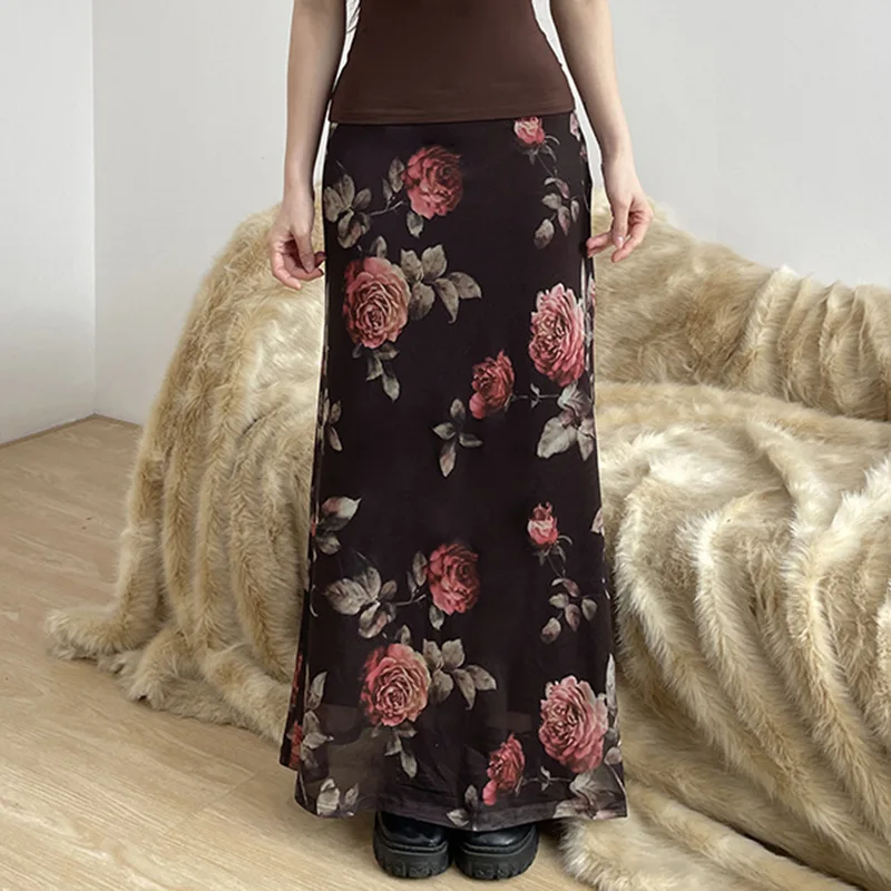 Women Floral Print Mesh Skirt A-Line Mini Skirt Thin Summer Holiday Style Gentle Colors Cross-Border European And American