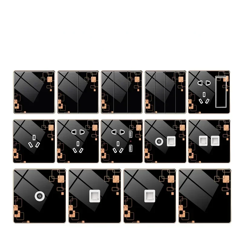 DepoGuye Black patterned crystal glass panel bedroom wall light switch button, EU standard wall switch socket AC110V-250V