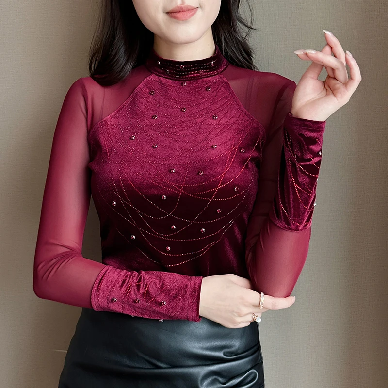 MadBlack-Women European Velvet T-Shirt, Sexy Turtleneck Diamond, Fashion Long Sleeve Slim S-3XL Knit Tee, 2025 Autumn T5N408CC