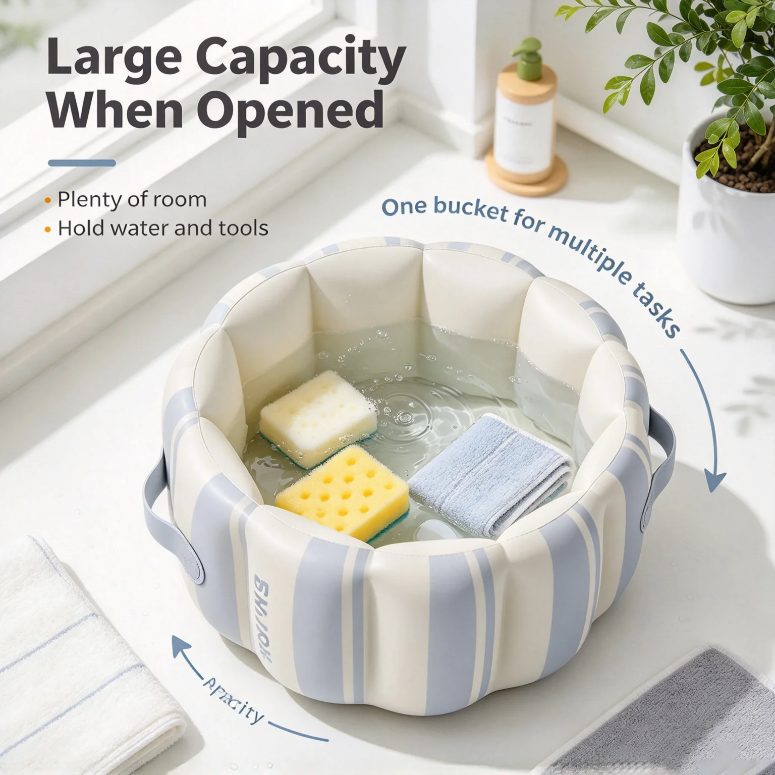 Portable Car Foldable Bucket Silicone Collapsible Strip Design For Road Trip Large Capacity Save Storage Space