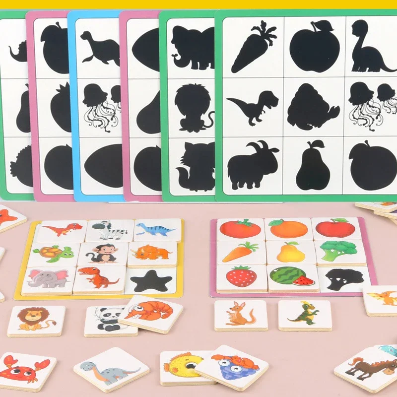 Gioco da tavolo abbinato a forma di Montessori trova Shadow Matched Images Animal Fruit Blocks puzzle giocattoli educativi per bambini in legno