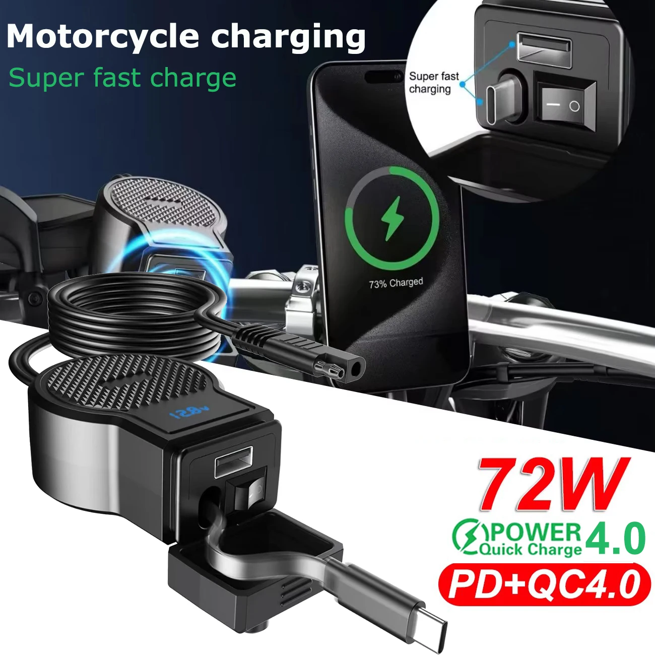 

Водонепроницаемое зарядное устройство для мотоцикла 72W PD QC4.0 с USB и сверхбыстрой зарядкой, выдвижным кабелем Type-C, вольтметром и цифровым дисплеем заряда