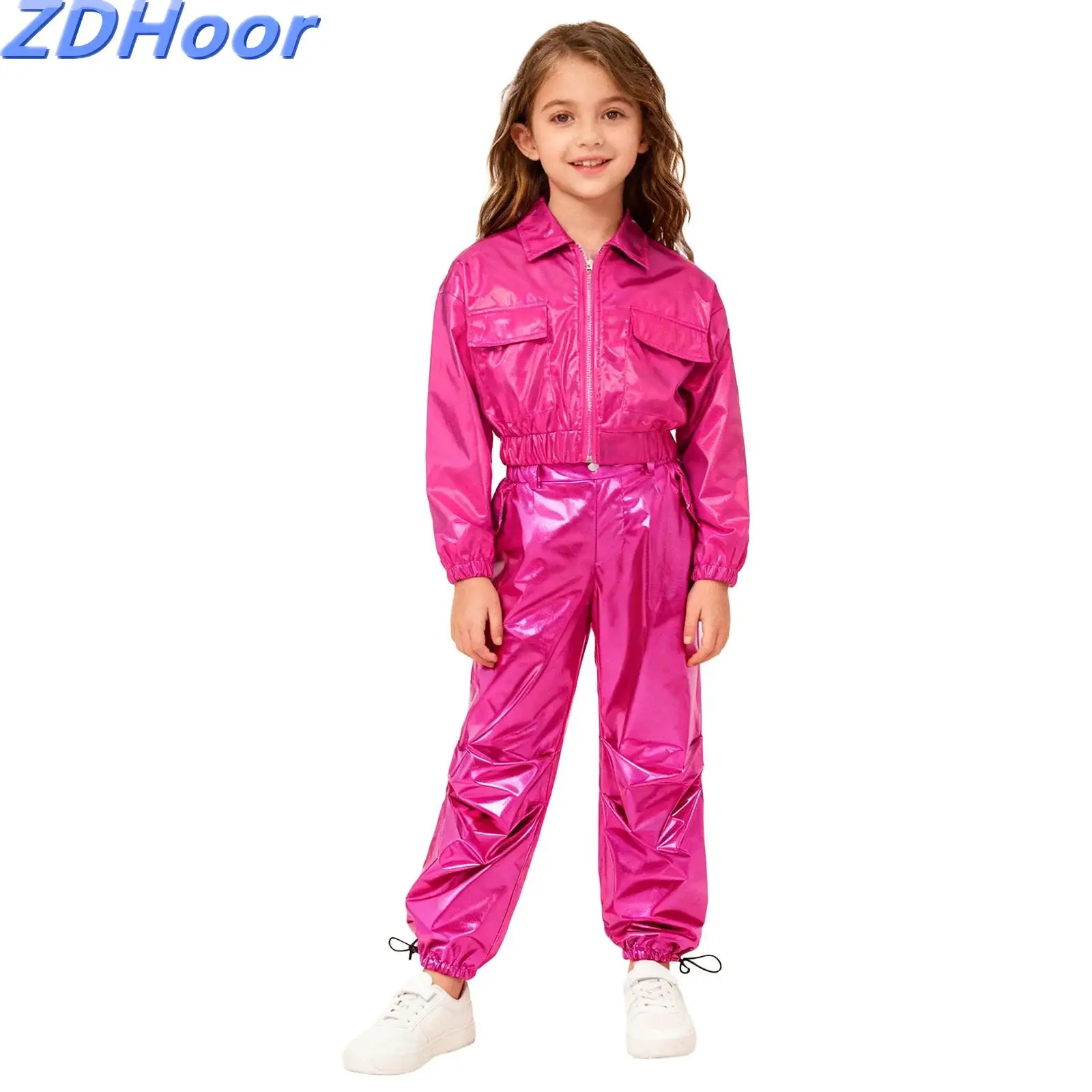 

Детский унисекс-костюм для хип-хопа и джаза: металлическая куртка с отложным воротником и блестящие брюки-карго с рюшами на штанинах и шнурком