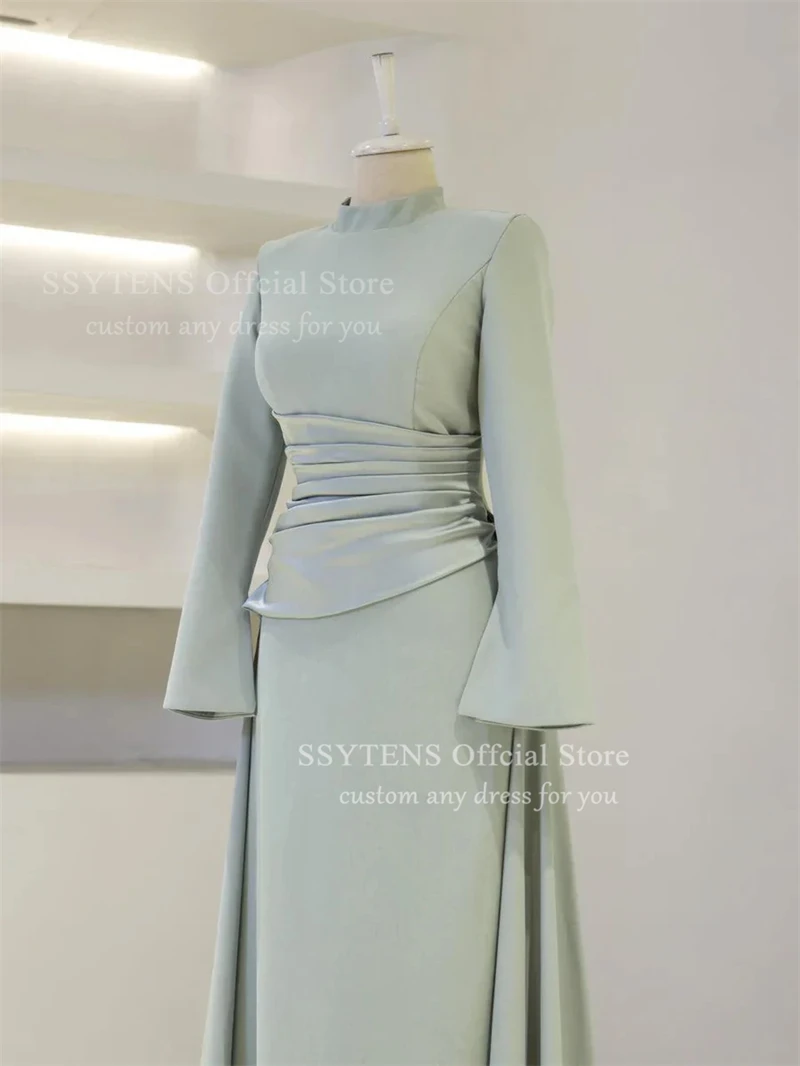 SSYTENS Sky Blue Elegant Wedding Prom Dresses High-Neck Long Sleeves Mermaid Evening Dresses Dubai Muslim Formal Gown Customized
