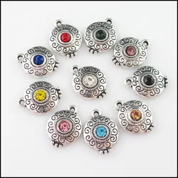 Fashion 10Pcs Mixed Crystal Tibetan Silver Plated Round Flower Charms Pendants 14x18.5mm