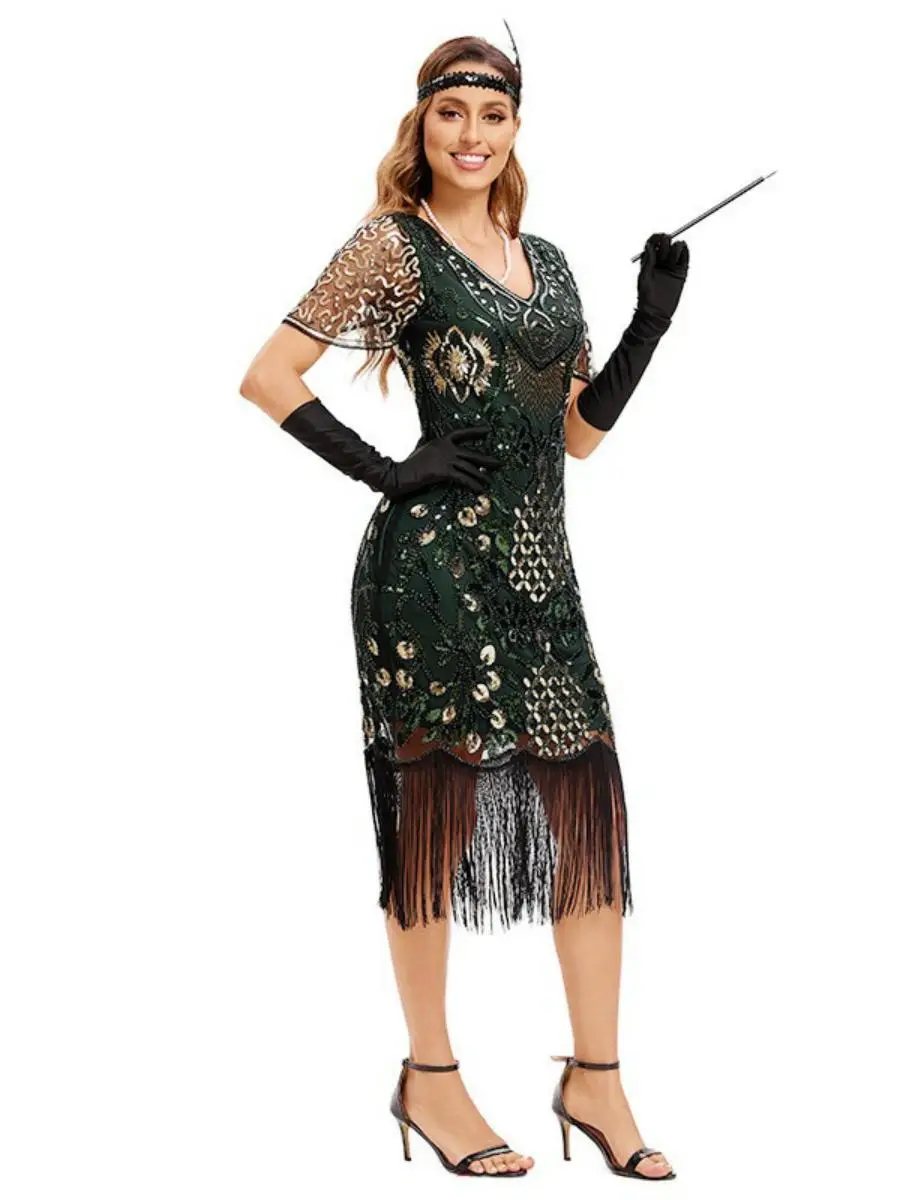 Retro 920s Women's Dr Glitter Performance Gown Mid-Length High-Waisted Polyester Fabric Zipper Sle Faionable Spring C...