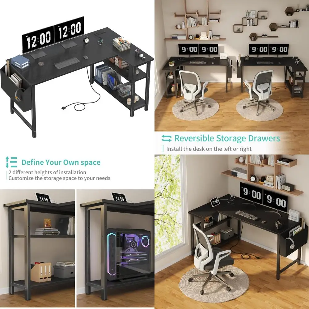 

L-Shaped Computer Desk 47" with Power Outlet Shelves, Home Office Corner Desk for Study and Writing