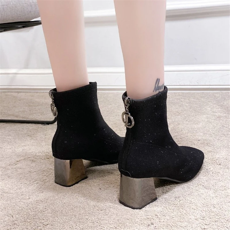 Elastic Sequined Cloth Women Sexy Sock Boots Autumn Metal Square Heels Ladies Office Shoes Party Pointed Black Female Ankle Boot