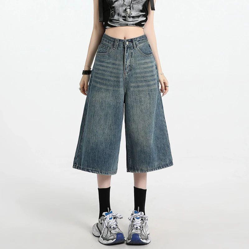 

Летние новые женские джинсы с высокой талией, повседневные, свободного кроя, тонкие брюки-капри, стильные модные однотонные джинсовые шорты для женщин