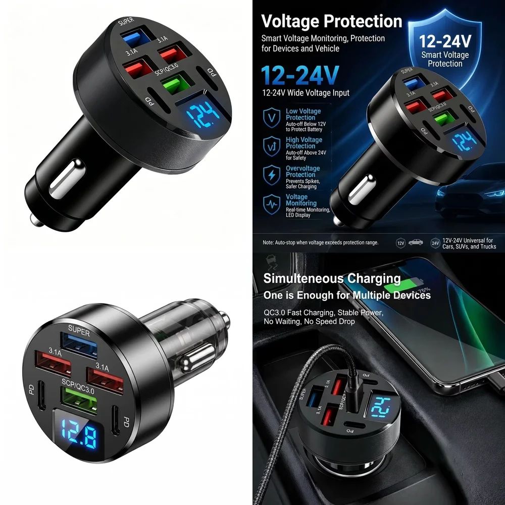 100W 6 Port Car Charger with LED Digital Voltage Display Multi Port QC3.0 PD USB Fast Charge for iPhone Samsung Xiaomi Huawei