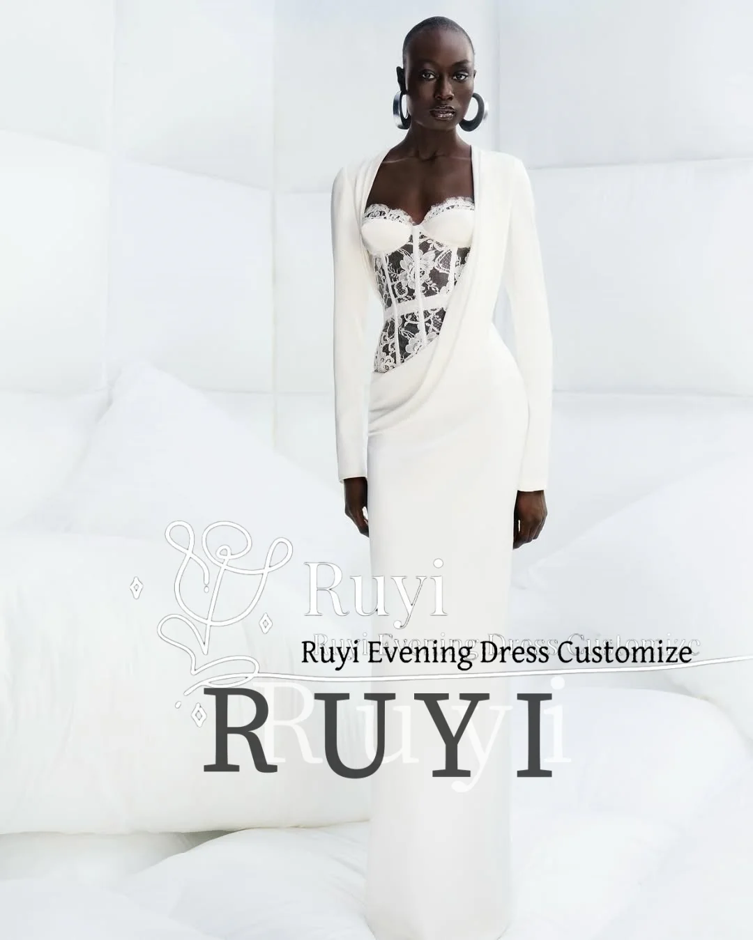 تخصيص الحبيب خط العنق الدانتيل انظر من خلال فساتين السهرة حورية البحر طويلة الأكمام أنيقة فستان الحفلة الراقصة للمناسبات الخاصة