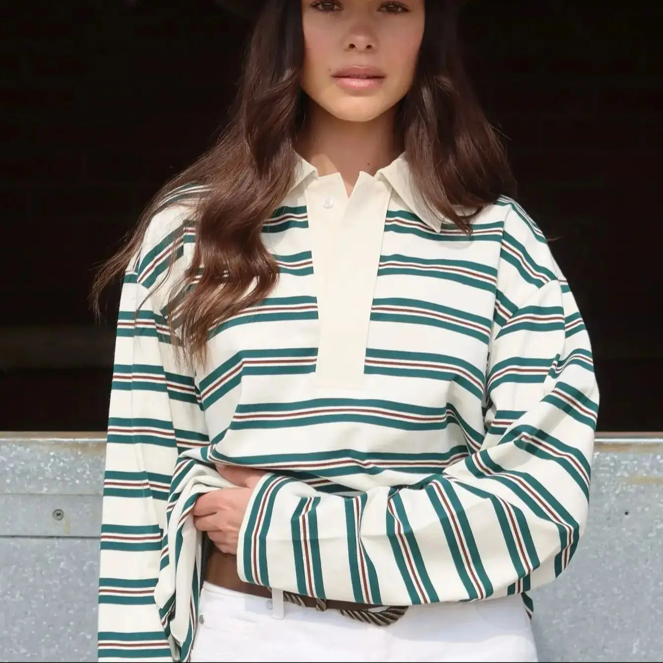 

Женская рубашка-поло большого размера в полоску с длинным рукавом, модная повседневная блузка с заниженными плечами, свободная трикотажная офисная одежда, осень-зима