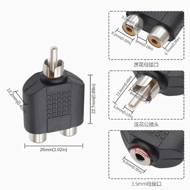 5pcs 3.5 Revolution dual Lotus male one minute two 3.5mm revolution 2RCA male audio adapter adapter