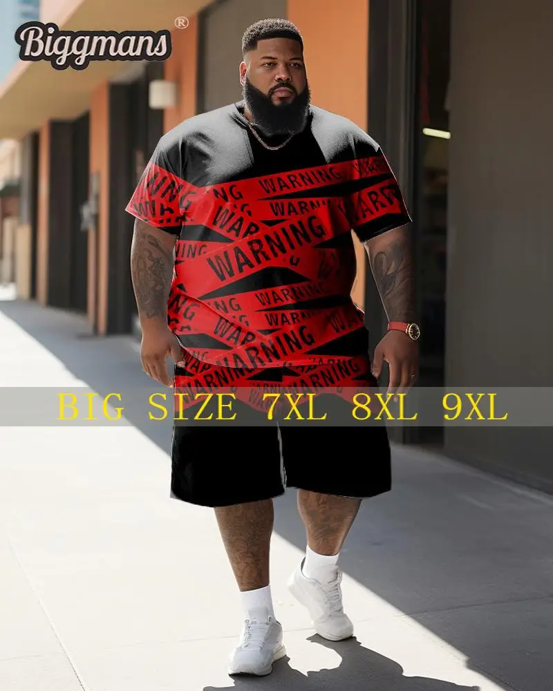 Biggmans Plus Size for Men's Clothing Warning Print Pattern and Blue Short Sleeves Cartoon T-Shirt Big and Tall L-9Xl