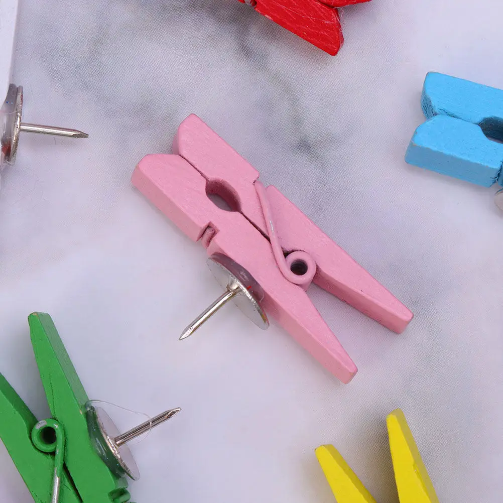 

50Pcs Colorful Wooden Push Pins With Clips Decorative Thumbtacks For Corkboard Felt Board Message Board Photo, Nails With Clips