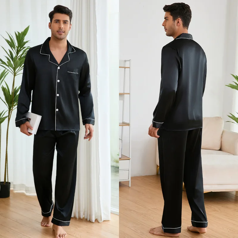 Pijamas masculinos de cor sólida 2 peças conjunto de pijamas primavera outono manga longa calças terno solto gelo seda cetim lounge wear