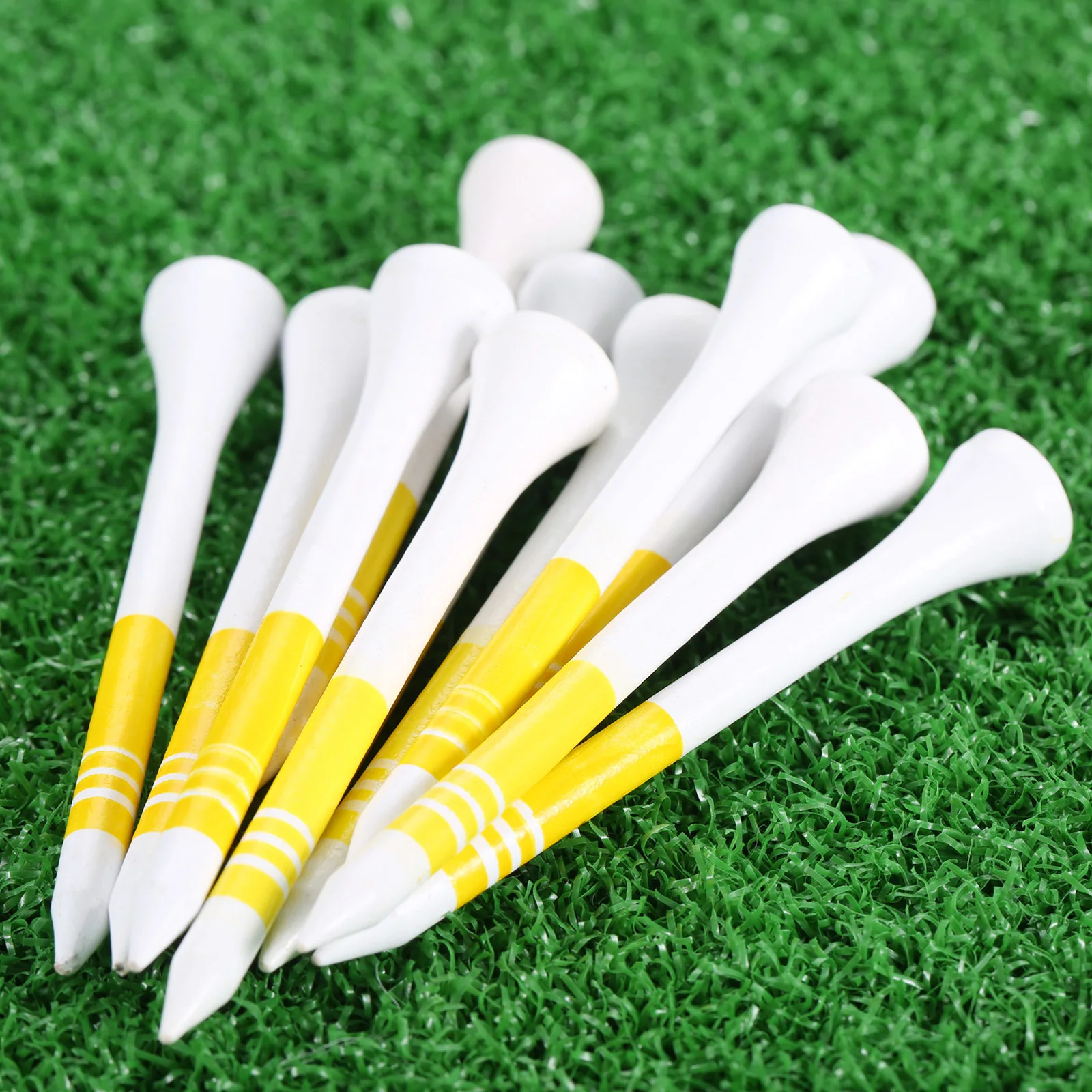 50Pc Wood Professional Golf Tees White with Yellow Stripe Mark Scale 69mm Wooden Golf Ball Tee Golf Accesories Practice Supplies