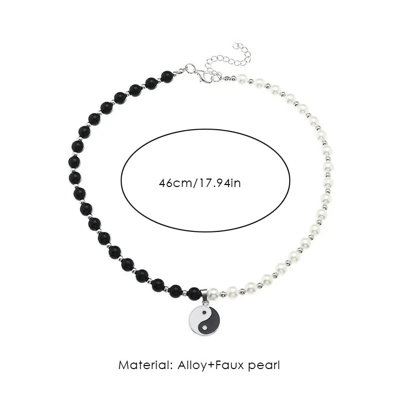 Black White Taoism Yin Yang Round Charm Beaded Faux Pearl Tai Chi Choker Necklace for Men Women Protection Lucky Jewelry Gifts