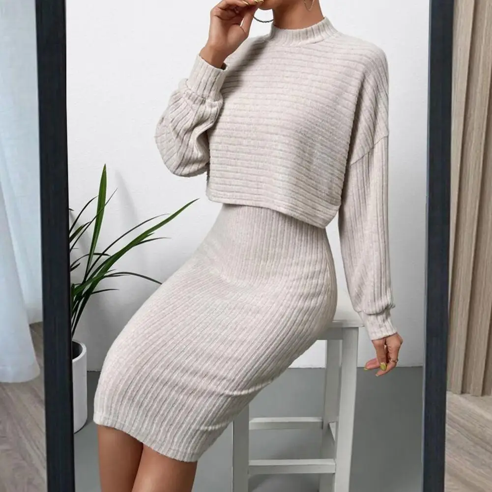 Two-piece Set Dress +Top Suit Women  Long Sleeve Sweater V Neck Sheath Slim Fit Sleeveless Midi Dress Outfit