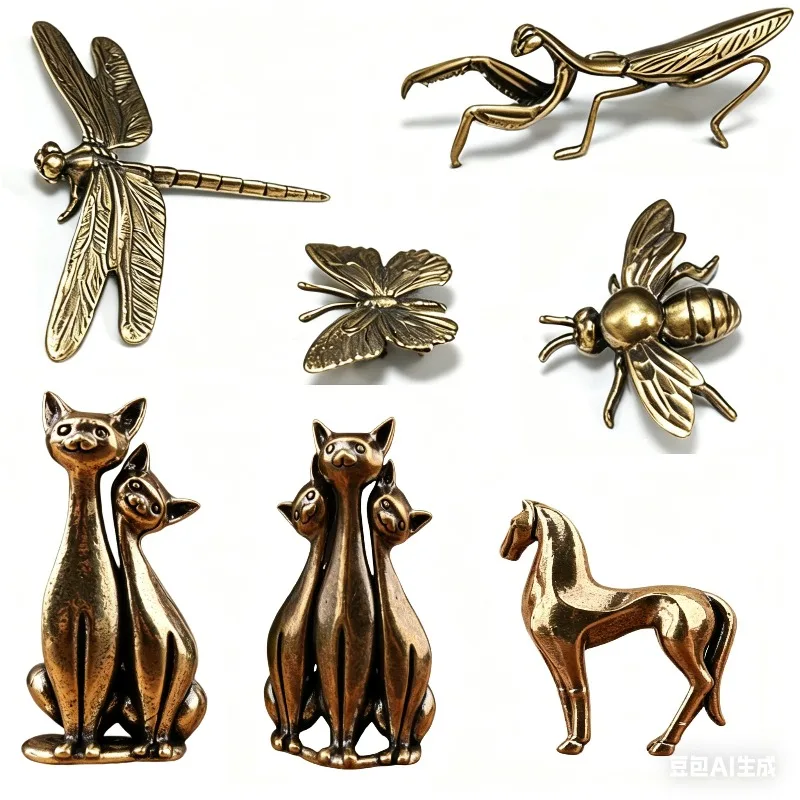 1PC Vintage Brass Animals Figurine Desktop Crafts Collection Tea Ceremony Figurine Miniature Animals Model Office Home Decor