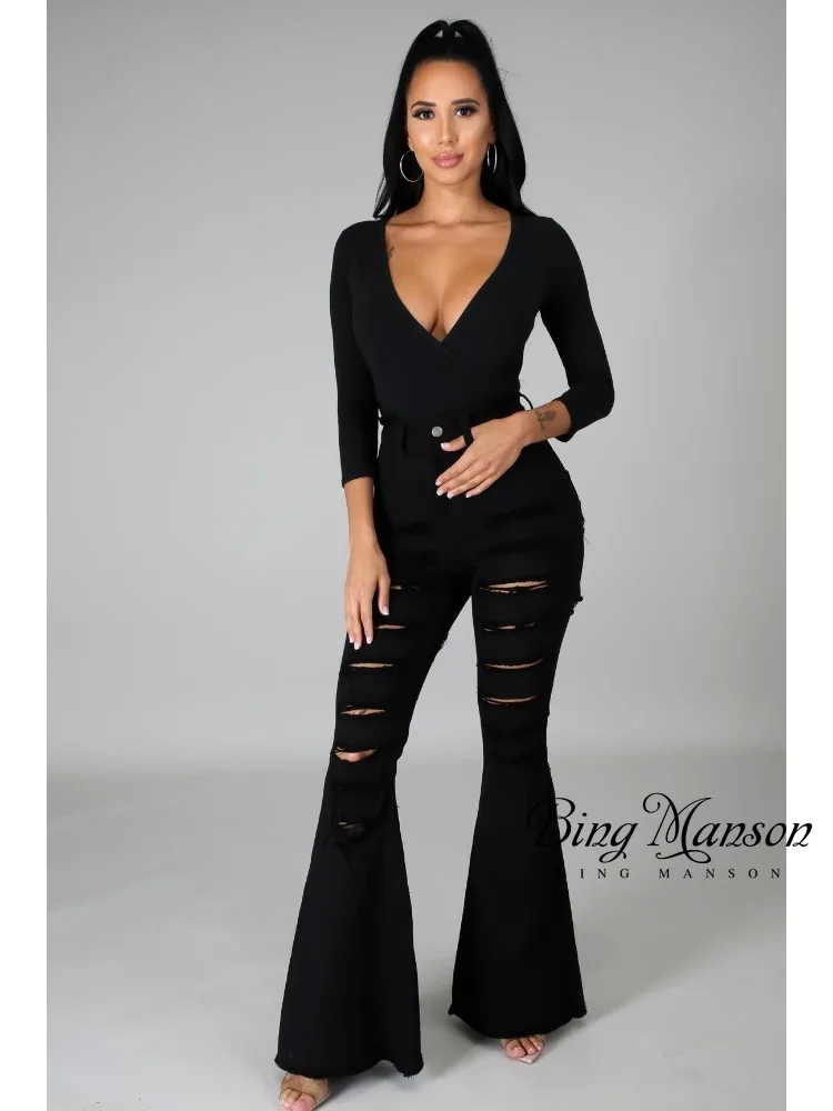 

2023 Spring and Summer Women's New Fashion High Waist Burnt Flower Perforated Horn Jeans Casual Street Versatile Women's Pants