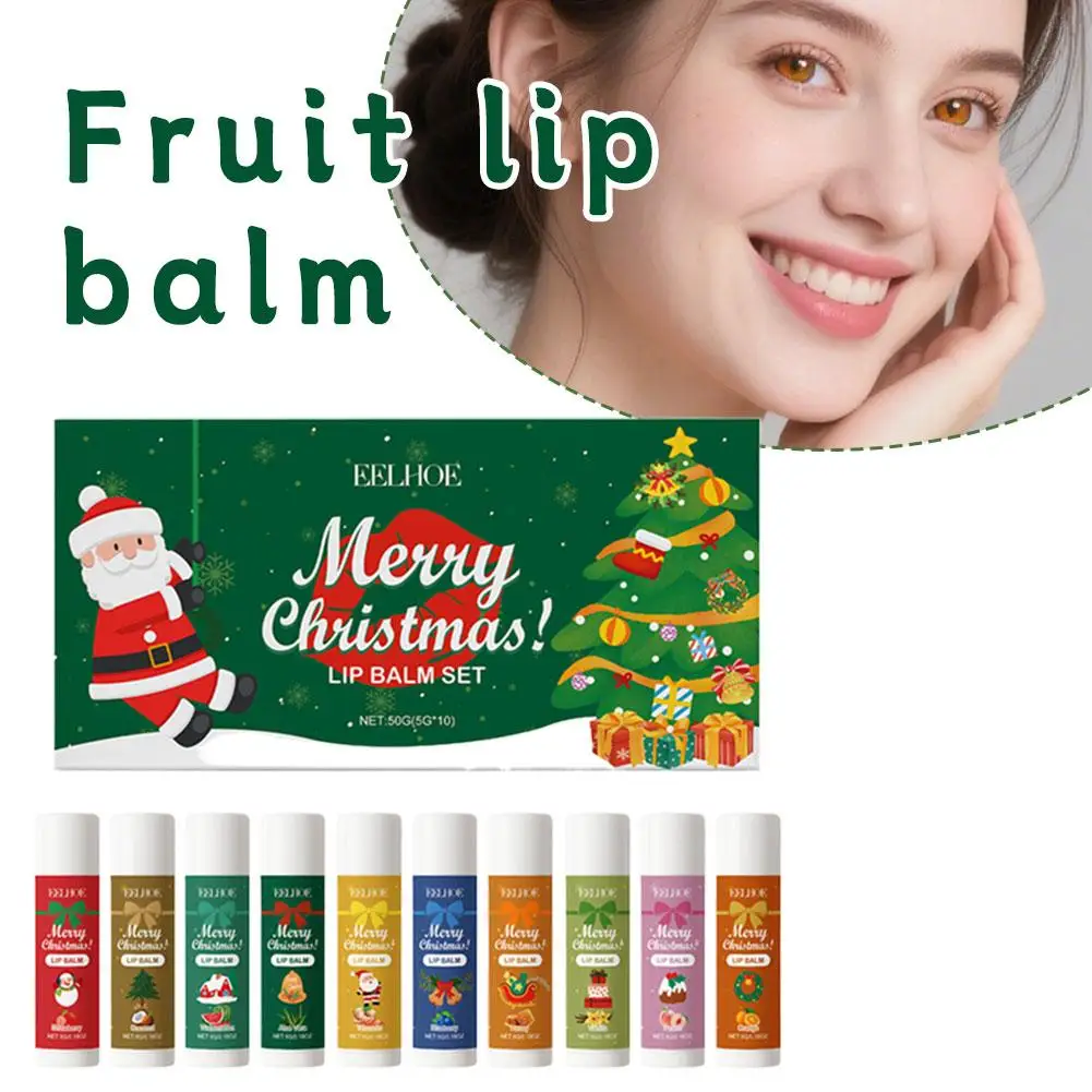 

10 шт., набор бальзамов для губ из натуральных фруктов, рождественский уход за губами, глубокое увлажнение, восстановление, сухие потрескавшиеся губы, осветление цвета губ, портативный макияж