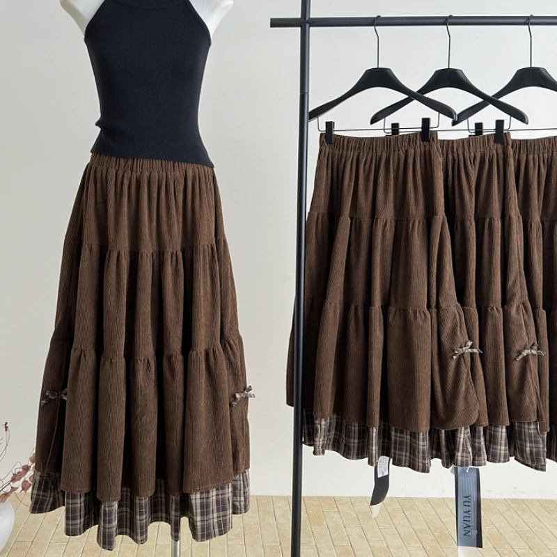 Bowknot Design Mid Long Skirts Womens Corduroy Skirt Spring Autumn Korea Style Patchwork High Waist Ruffle Pleated A-Line Skirts