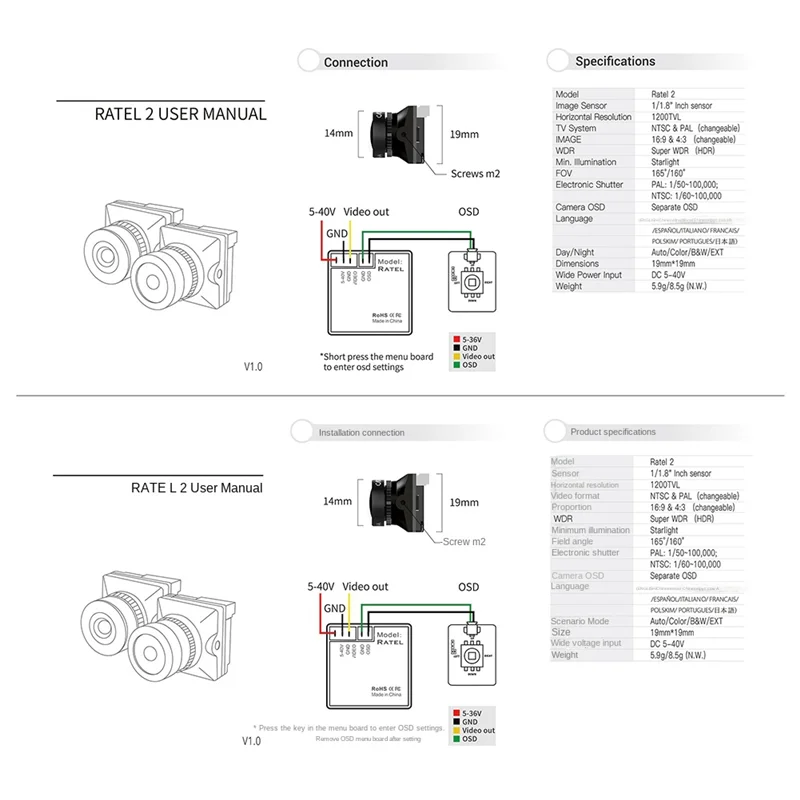 A72Z 19X19mm For Ratel 2 1/1.8Inch Starlight 1200TVL NTSC PAL 16:9 4:3 Switchable Super WDR FPV Micro-Camera For FPV Racing,B Du