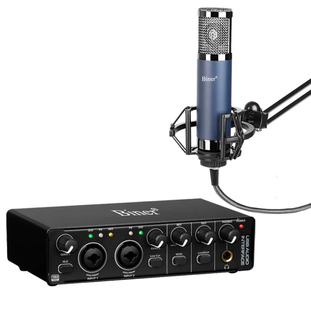 Biner Professional Recording USB Audio Interface With 48V Condenser Microphone Sets For Music Studio