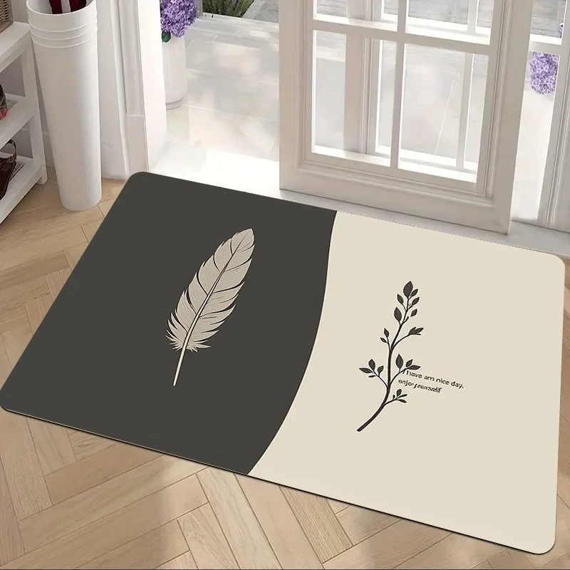 1pc Dark gray leaf patterned floor mat made of polyester fabric, machine washable, suitable for bedroom and living room décor.