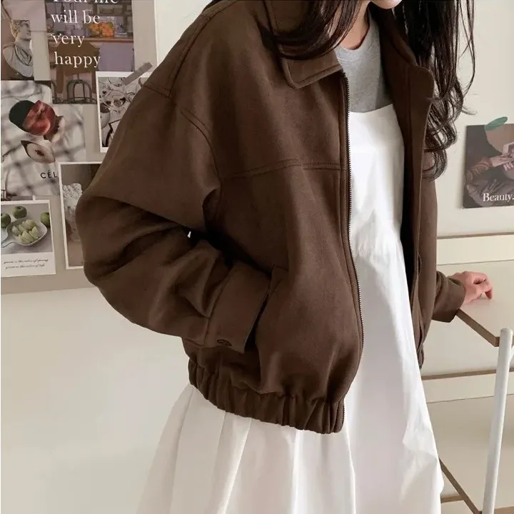 

Autumn Winter Zipper Suede Jaet ort Outerwear Women's Faion Versatile Color Polyester Fiber 00% Ladies Coat